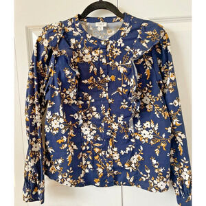 J Crew Shirt Women Medium Navy Gold Ruffle Trim Shoulder Chest Cotton Shirt